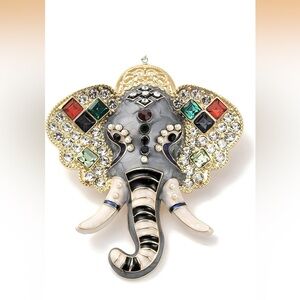 Embellished Elephant Brooch Pin in Gold Tone with Multicolor Stones